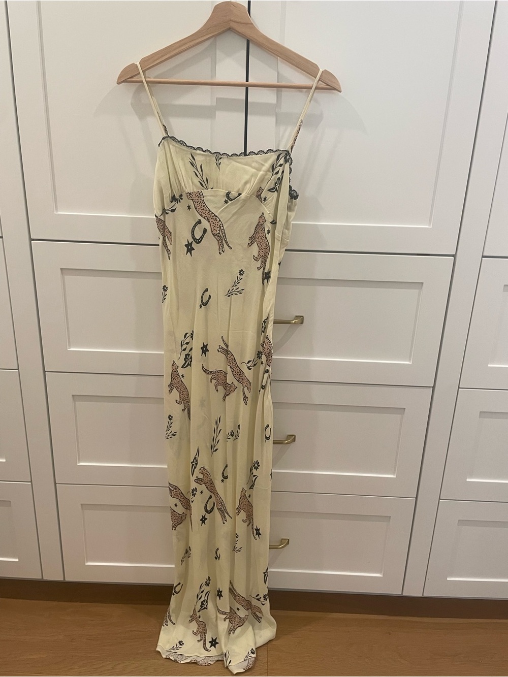 Pale Yellow Leopard Print Slip Maxi Dress with Spaghetti Straps